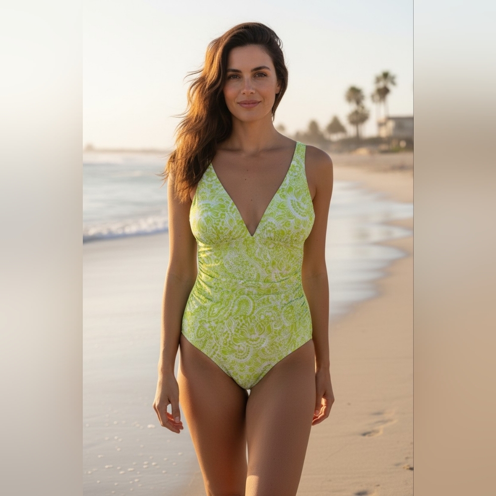 Ellen Tracy Lime Green & White Paisley Floral Ruched One-Piece Swimsuit 10 NWT